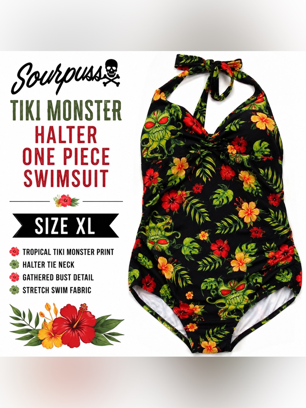 Sourpuss XL Tiki Monster Tropical Halter One Piece Swimsuit Pinup Rockabilly
